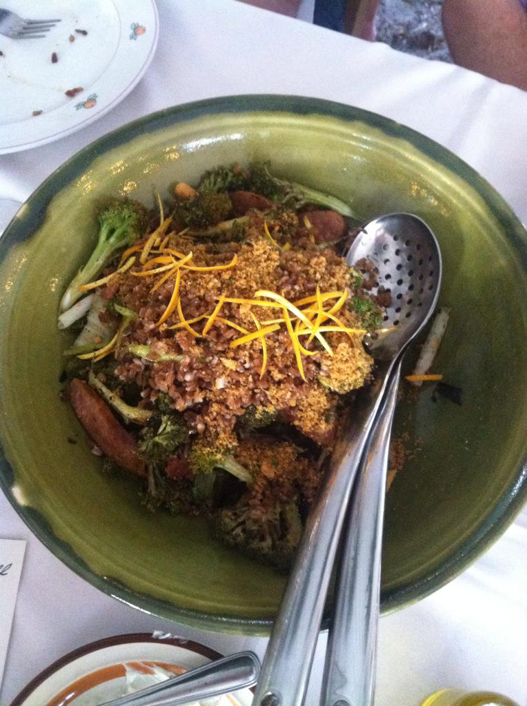 Charred Tomazin Farms Broccoli: <a href="/LakeMeadow/">Field</a> chorizo, grilled leeks, puffed grain, citrus brown butter. #farm2table