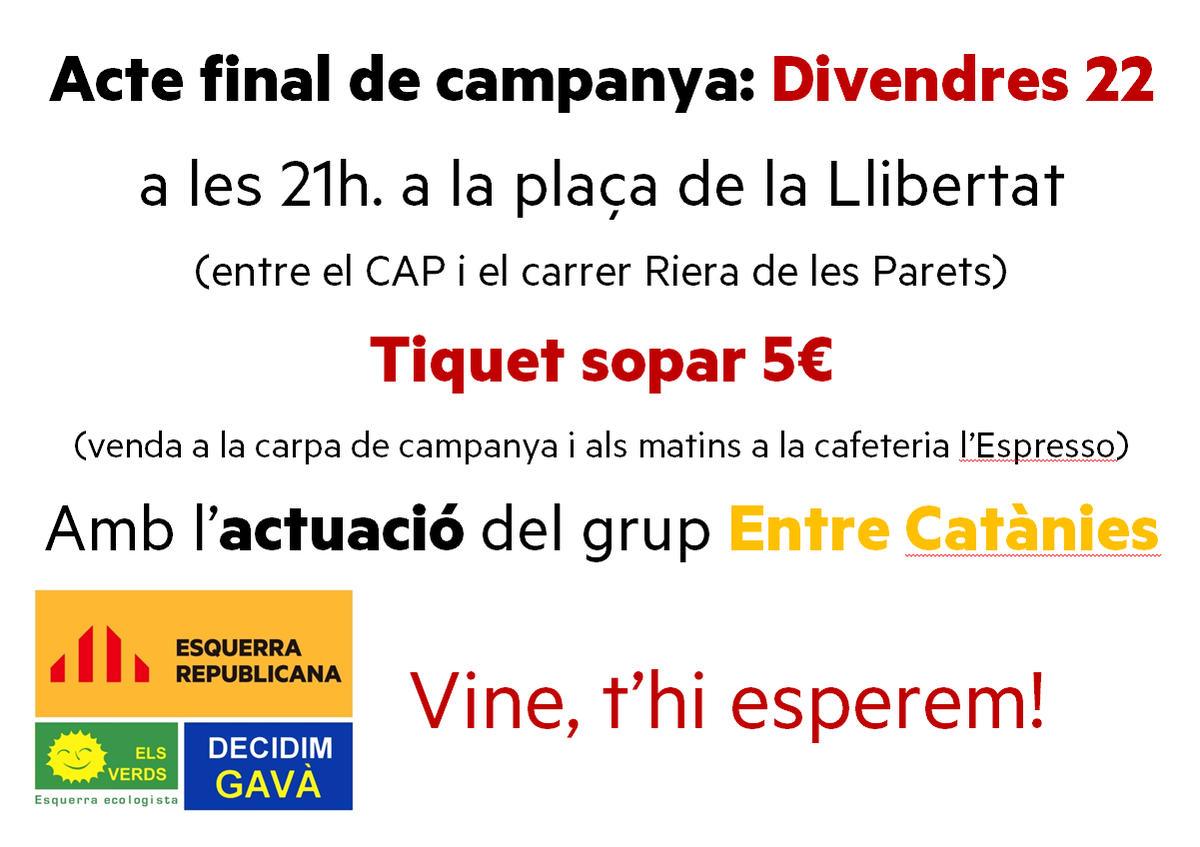 Aquest divendres organitzem el sopar-concert de final de campanya. Compra els tiquets on t'indiquem. Gràcies! #Gavà