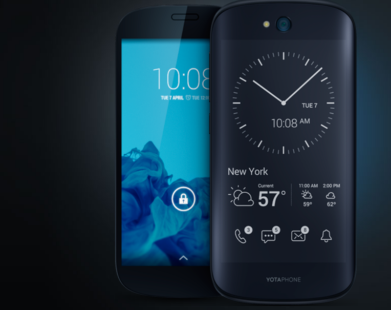 VentureBeat's tweet photo. YotaPhone2 U.S. pre-orders open on Indiegogo starting at $500 with an August delivery http://t.co/2xDpz7MRkR http://t.co/cFw0oNyI6p