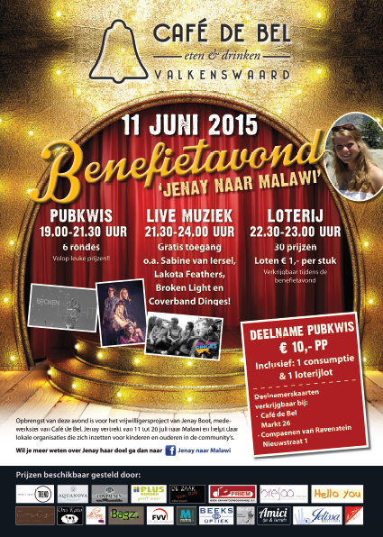 'Jenay naar Milawi '
Steun Jenay en kom 11 juni naar <a href="/cafedebel/">Cafe de Bel</a>