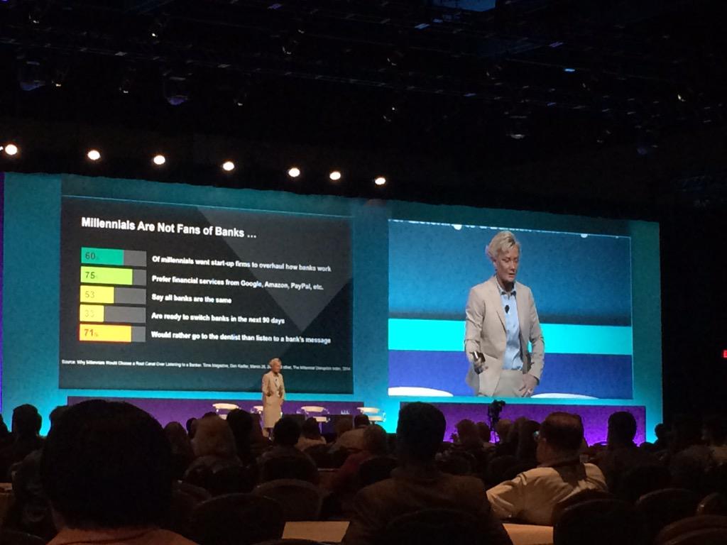 BankSmartCARRIE's tweet photo. .@FISGlobal quoting #millennial #disruptionindex: 72% would rather go to the dentist than listen to bank. #FISConnect http://t.co/ukvZd5KYRZ