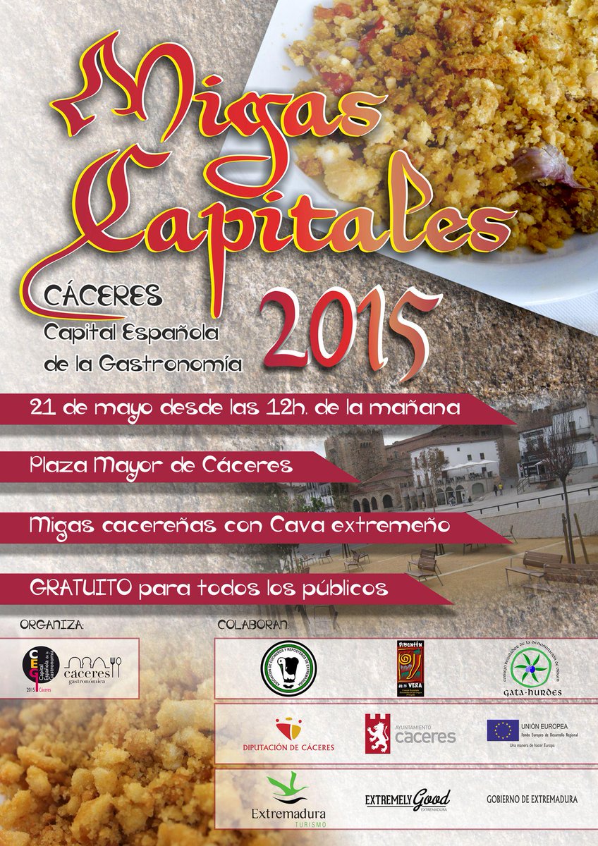 CaceresCEG2015's tweet photo. No te olvides, mañana #MigasCapitales y #CavadeExtremadura a partir de las 12h en la Plaza Mayor!! Vente y disfruta!! http://t.co/AuSA2awXMc
