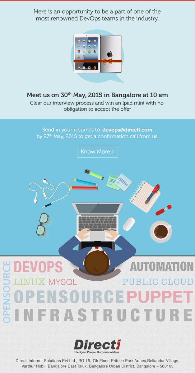 DirectiCareers's tweet image. Looking for #Devops in #Bangalore@ 30th May 2015. Get selected and win an iPad mini. 
#opsengineer #infrastructure