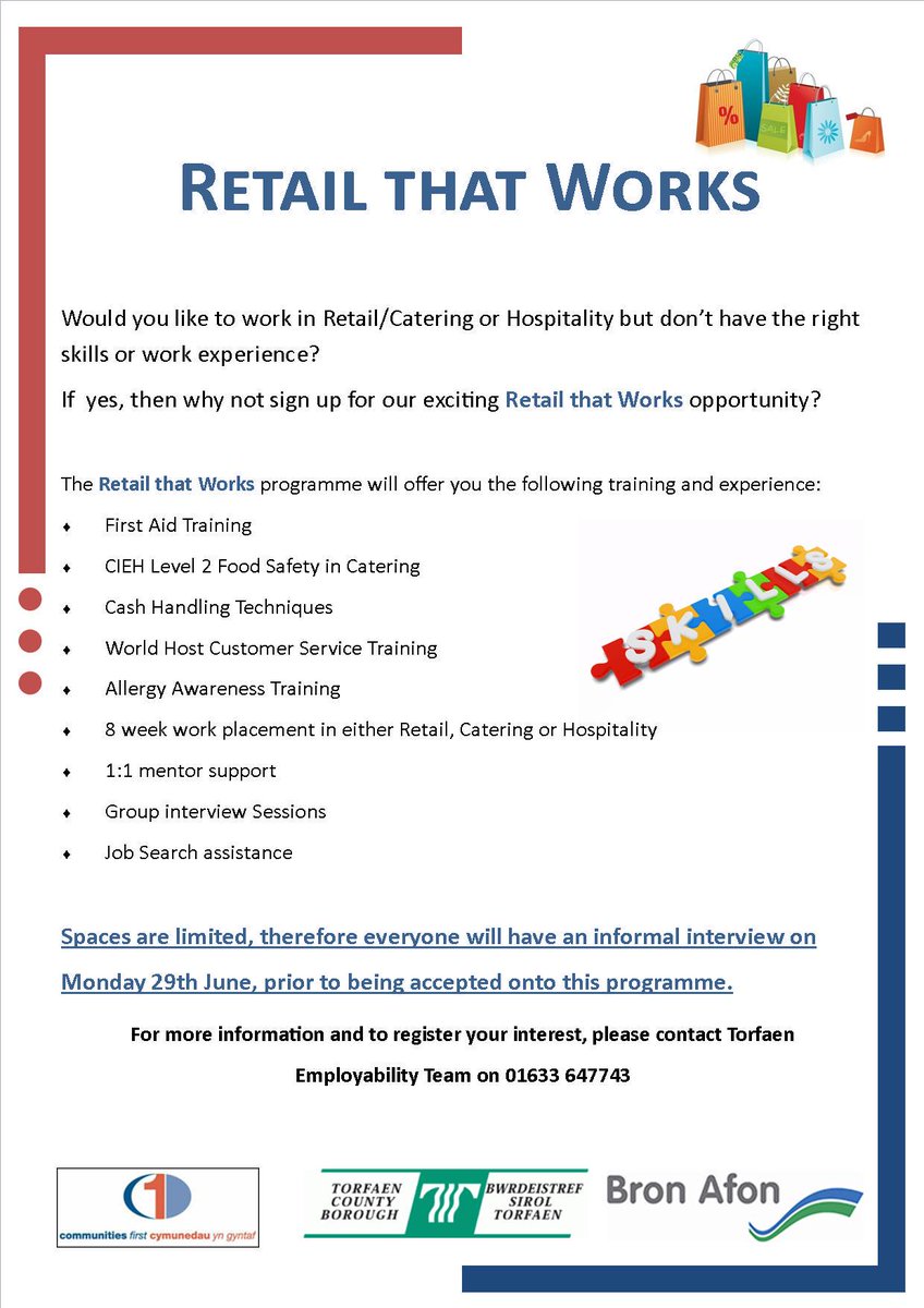 Bridgesintowork's tweet photo. Sign up to the exciting Retail that Works opportunity starting in July! Call 01633 647743. http://t.co/M8kdaiJDoW