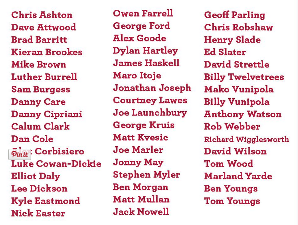 Rugbyworldmag's tweet photo. And, here's the 50-man squad announced by Stuart Lancaster in the last few minutes. http://t.co/U2kBJWb06z