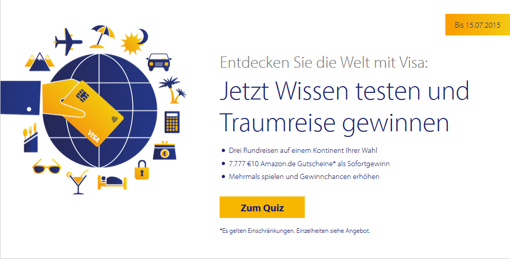 Visa_DE's tweet image. Beim Sommerquiz auf visa.de mitmachen &amp;amp; Traumreisen oder 1 von 7.777 Amazon.de-Gutscheinen gewinnen!