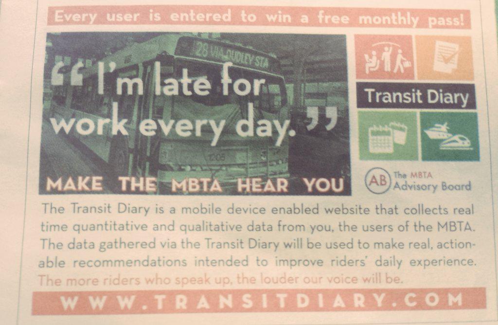 Check out the Transit Diary <a href="/universalhub/">Adam Gaffin</a> <a href="/LifeontheMBTA/">Life on the MBTA</a> <a href="/MBTAWatchdog/">MBTA Watchdog</a> <a href="/MBTweetA/">MBTA Rider</a> <a href="/mbtasnafu/">saMBThAin</a> #MBTA <a href="/MetroBOS/">MetroBoston</a>
