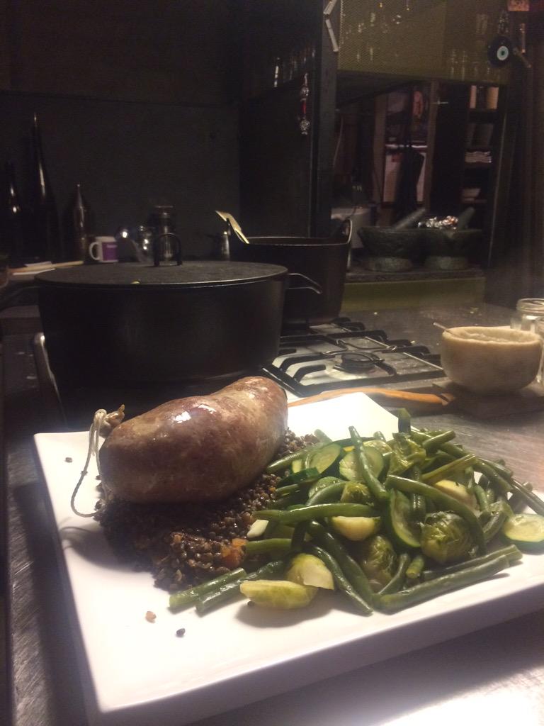 DanTan79's tweet photo. Cotechino and lentils w greens. Wednesday winter dining in the 'Wood. http://t.co/dfpZ4svRw9