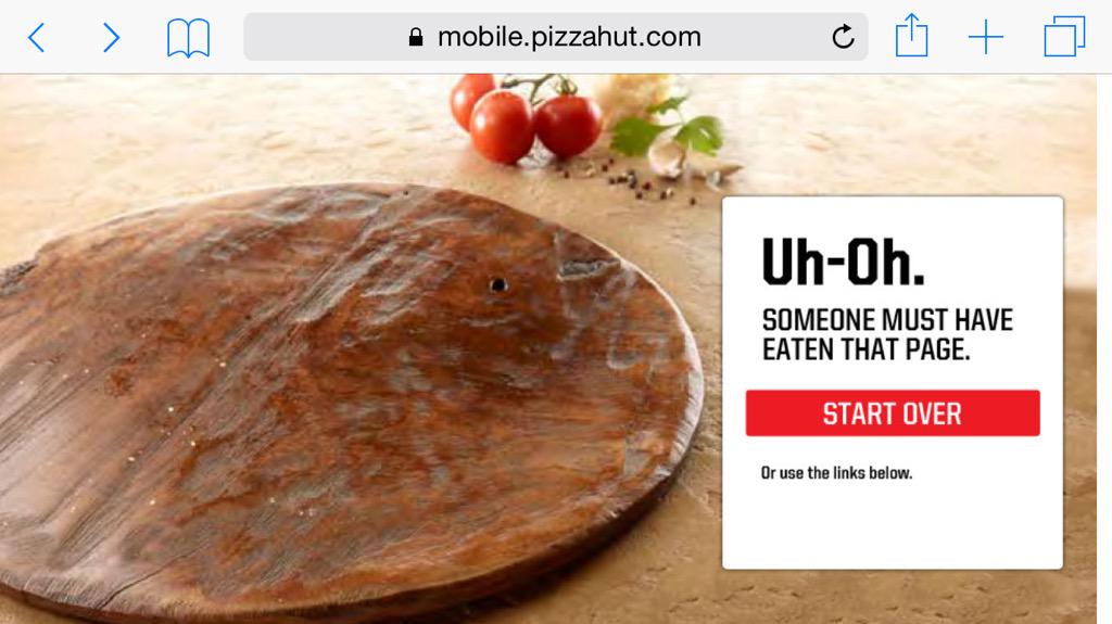 DaveValko's tweet image. Tried ordering a pizza... Got a 404 page from pizza hut. #amawm #aimwest