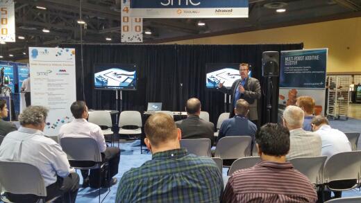 AmericaMakes's tweet photo. On our @SME Theater Stage Bill Flight @LockheedMartin presenting the #additivemfg ROBOTIC demo! #innovationexchange http://t.co/QgmzGcWs0x