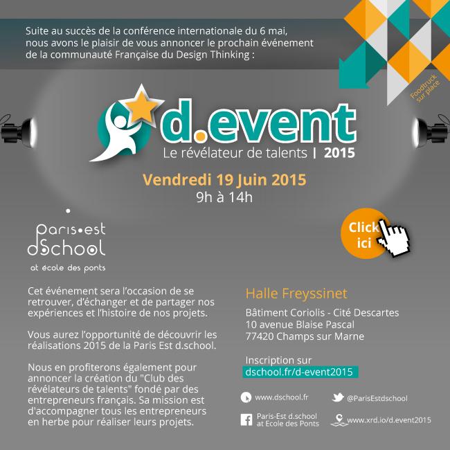 ParisDschool's tweet photo. d.event 2015 - Le révélateur de talents 
Rendez-vous le 19 juin à Paris Est http://t.co/lAxE1zNTtZ http://t.co/mzv4dWbt6M