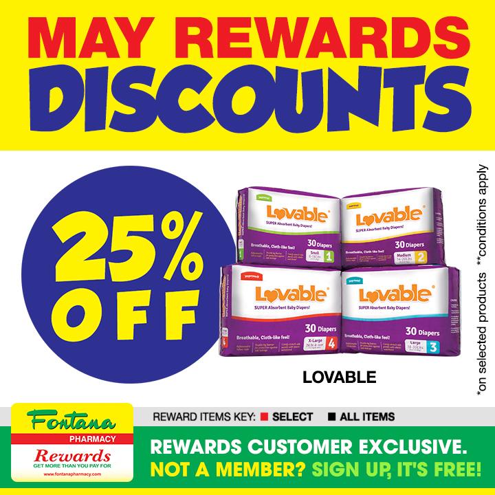 FontanaPharmacy's tweet image. #MayRewards 25% off Lovable Diapers with your Rewards Card.

At Fontana Pharmacy: It’s ALL good inside!