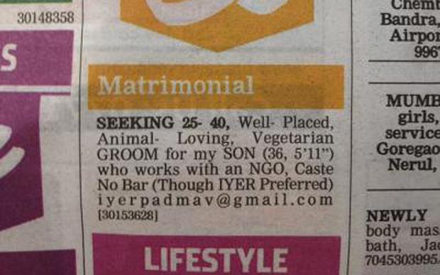 Telegraph's tweet photo. India's first gay marriage ad: Mumbai mother seeks 'vegetarian groom for my son' http://t.co/L65sgnM6OY http://t.co/uh2I0xxfXz