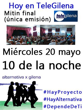 axgilena's tweet photo. Hoy en @telegilena a las 10 de la noche emisión del mitin final (única emisión) #HayProyecto #HayAlternativa http://t.co/OZDUdOkxDl