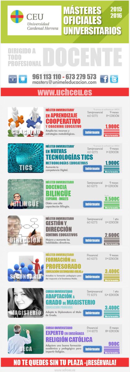 UnimelEducacion's tweet photo. Conoce todos los #Másteres universitarios @uchceu Dirigido a personal #Docente http://t.co/MJ3XRd7bBT … #Educación http://t.co/SDwMebYYYR