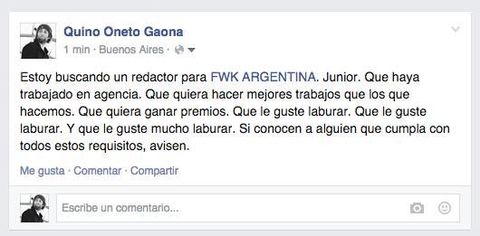 quinoonetogaona's tweet photo. SE NECESITA CON SUMA URGENCIA REDACTOR JUNIOR PARA FWK.
@AAP_Info @DossierNet @LaOrejaNow @LatinSpots http://t.co/sJd1qTV2vv