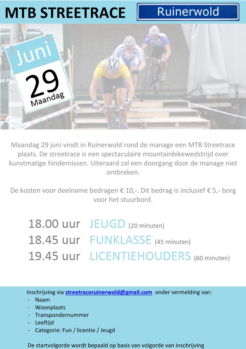 JohnnyJonkers's tweet photo. Inschrijving Streetrace Ruinerwold vanmiddag geopend en loopt lekker. Schrijf snel in!  #MTBStreetrace #Ruinerwold http://t.co/33CI58CKDL