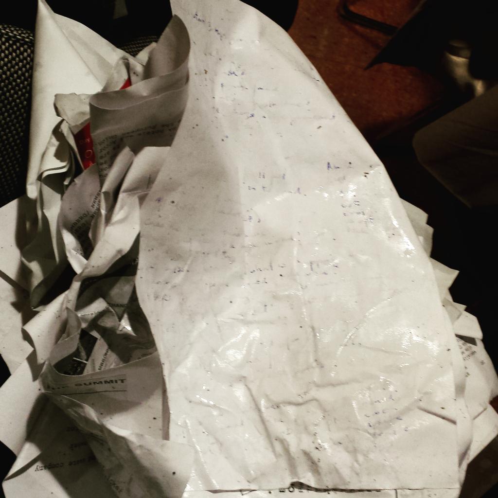 flacqua's tweet photo. When you leave your notes outside for 2 mns. And it starts raining. Raining A LOT. #BClimateSummit http://t.co/K2JQ3Ptn6o