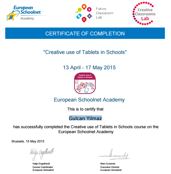 yilmzgulcan's tweet photo. my first certificate, thanks @eu_schoolnet #tabletscourse http://t.co/3XafZHNf3l