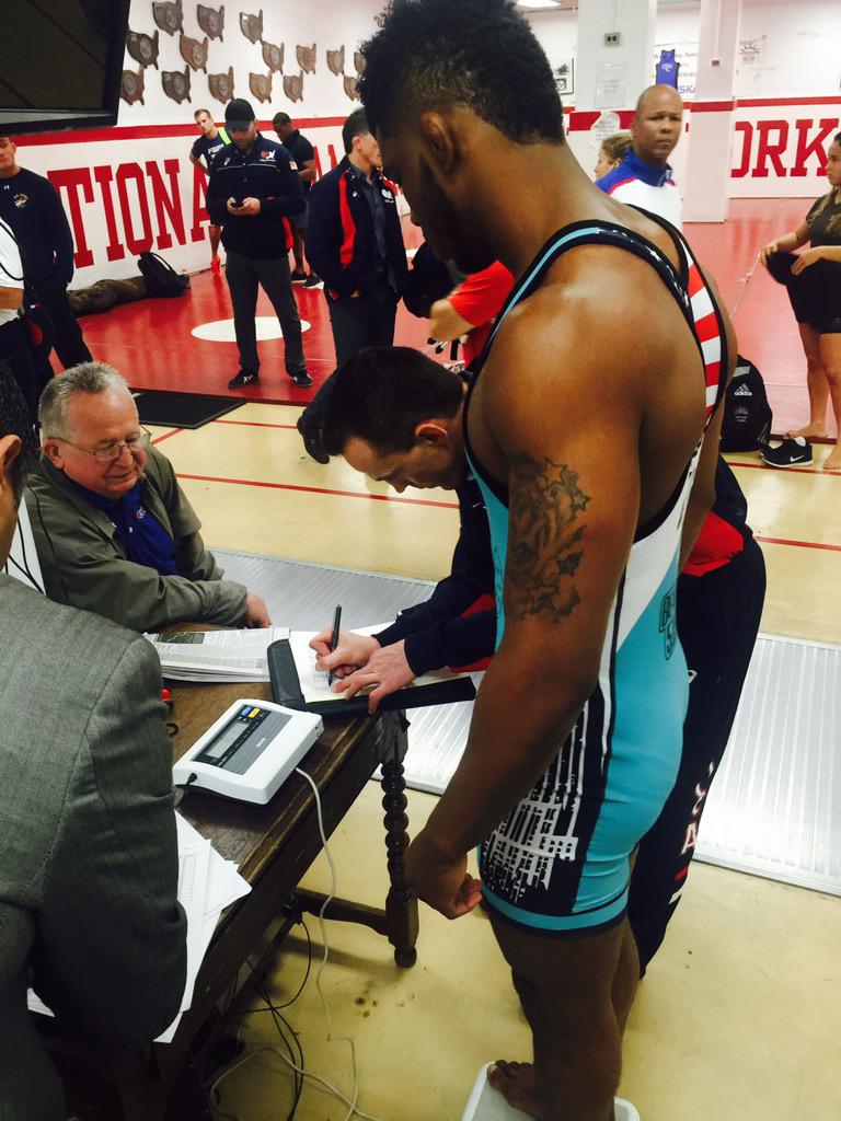 TOSUwrestling's tweet photo. Joey Davis makes weight at the NYAC. Taking part in the Beat the Streets even in Time Square. http://t.co/SvBnOcYoHt