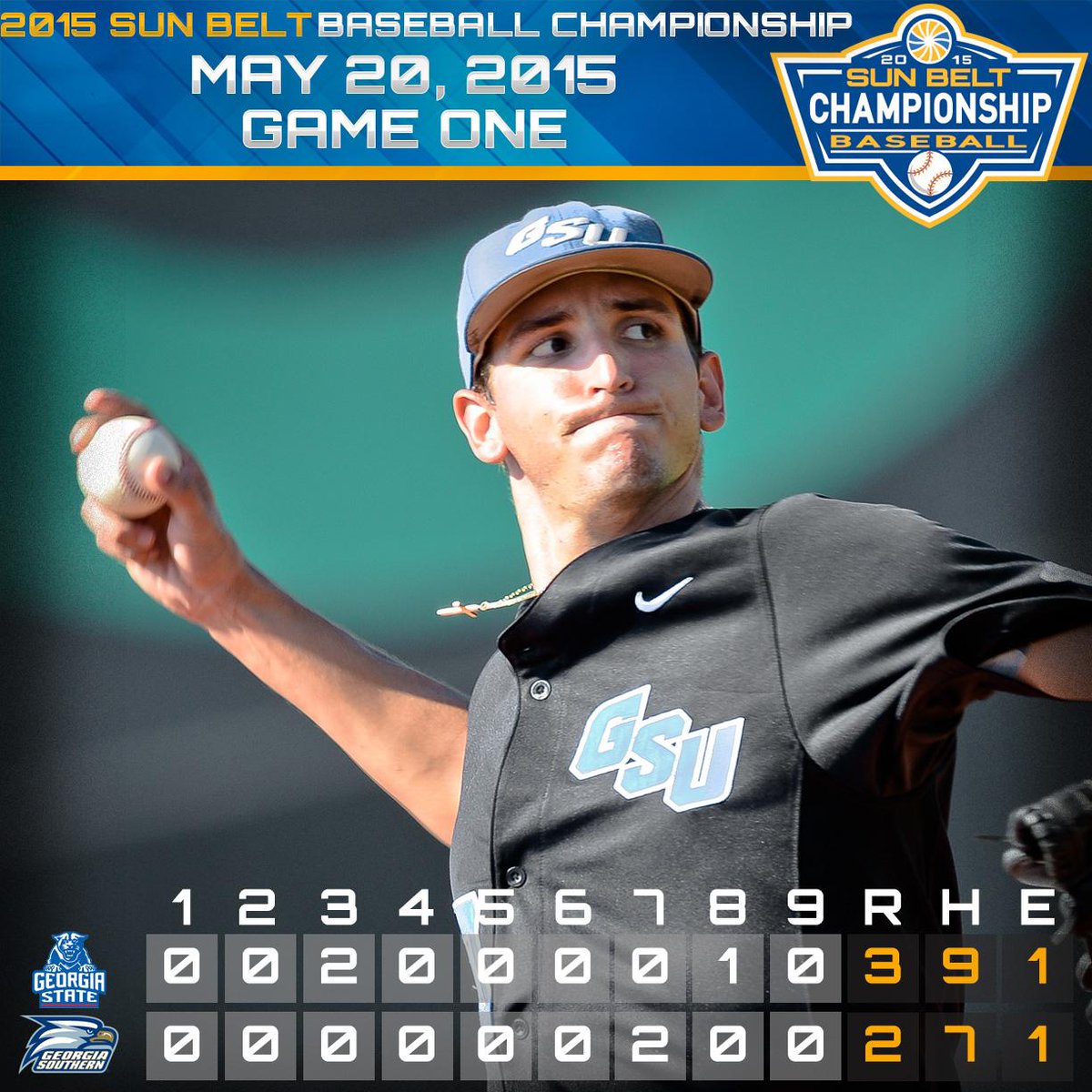 SunBelt's tweet photo. . @GaStateBaseball Holds On for 3-2 Victory Over @GSAthletics_BSB in 2015 Sun Belt Championship Opener http://t.co/7ElCYj7cCU