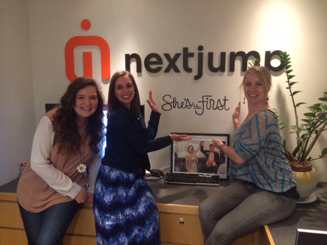 tammytibbetts's tweet photo. Best surprise: @JimmyPez emblazoned @shesthefirst on lobby wall at @nextjump! Thank you! #ThisisNxJ #AdoptaNonprofit http://t.co/1eFFO4JmDj