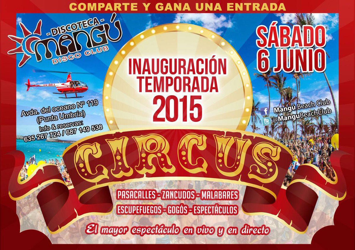 ManguBeachClub's tweet photo. Síguenos, RT y vente por la patilla a nuestra inauguración. #Circus nos espera! RT RT RT http://t.co/zzYCCL64Ij