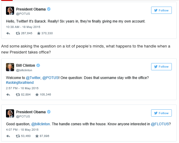 I love the Presidential banter!
  "<a href="/POTUS/">President Donald J. Trump</a> joins Twitter, Jokes with <a href="/billclinton/">Bill Clinton</a>" 
cnn.com/.../barack-oba…