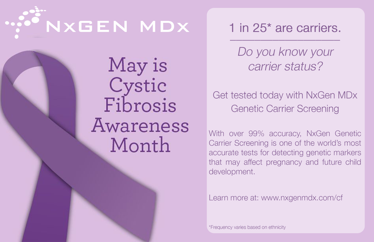 NxGenMDx's tweet image. 1 in 25* are carriers of #CF. Are you a carrier? Learn more at ow.ly/NcVar #CFMonth #FightCF
