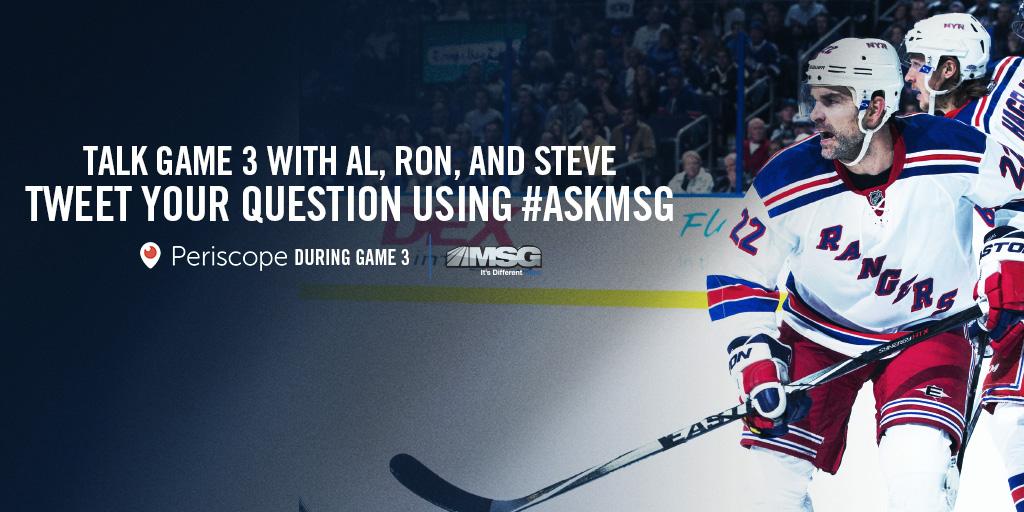 MSGNetworks's tweet photo. Join @AlTrautwig @RonDuguay10 @Vallys_View for a #Periscope chat during Game 3. Tweet us questions NOW using #AskMSG http://t.co/Xy04SJQkCf