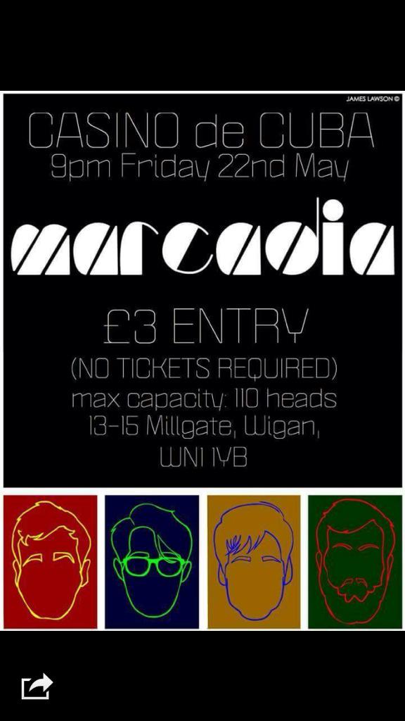 CasinodeCuba's tweet photo. Live local indie band Marcadia playing Friday night at casino de Cuba get down early to guarentee entry http://t.co/XkI8AhkCby