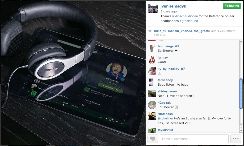 KlipschAudioCAN's tweet photo. Looks like @jvreemer21 has a bit of @EdSheeran on repeat w our #Klipsch #ReferenceOnEar headphones! #KlipschBestSound http://t.co/x5LFNlhugp
