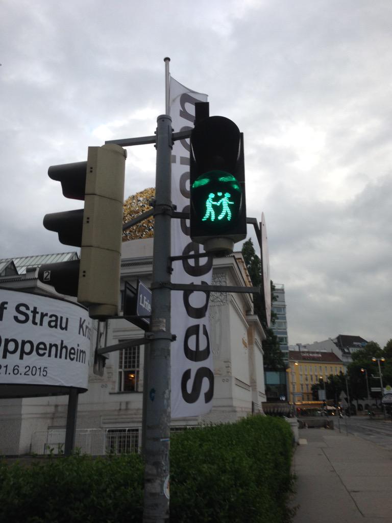 LGBTPlusProud's tweet photo. Vienna pedestrian lights remain permanently as fun LGBT diversity themes even after Eurovision! http://t.co/e5frdLS73Y