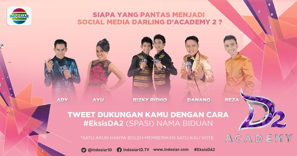 Tweet #EksisDA2(spasi)Nama dan foto kamu menirukan gaya biduan favorit. Makasih ya #2RLovers kami tunggu votenya