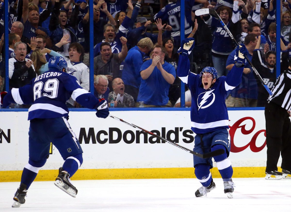 SportsCenter's tweet photo. Nikita Kucherov scores in OT to give Lightning 6-5 win over Rangers in Game 3. Tampa Bay leads series, 2-1. http://t.co/FcgwhAE735