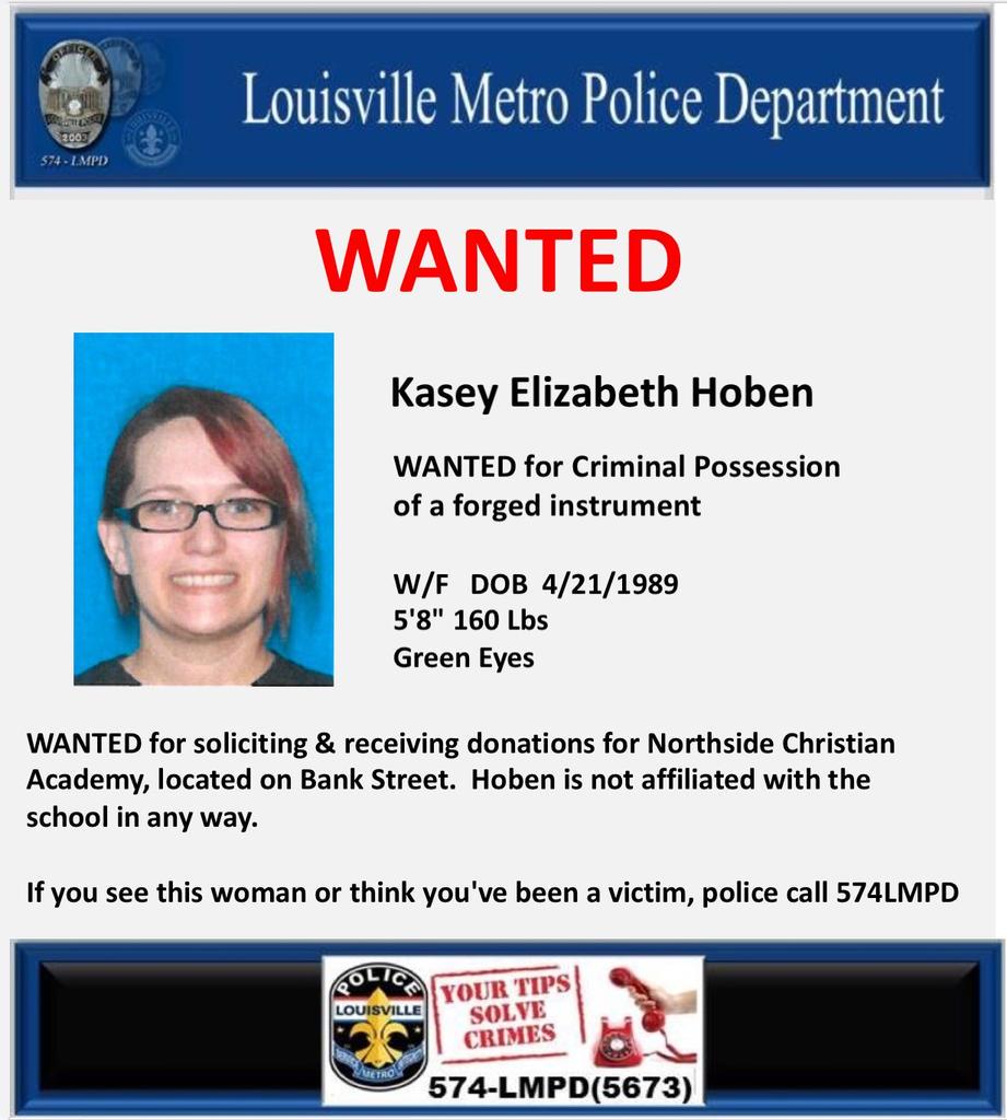 LMPD's tweet photo. Kasey Elizabeth Hoben W/F DOB 4/21/89 WANTED -Criminal Possession of forged instrument. Call #574LMPD w/ any info. http://t.co/GZ7CjQdjXN