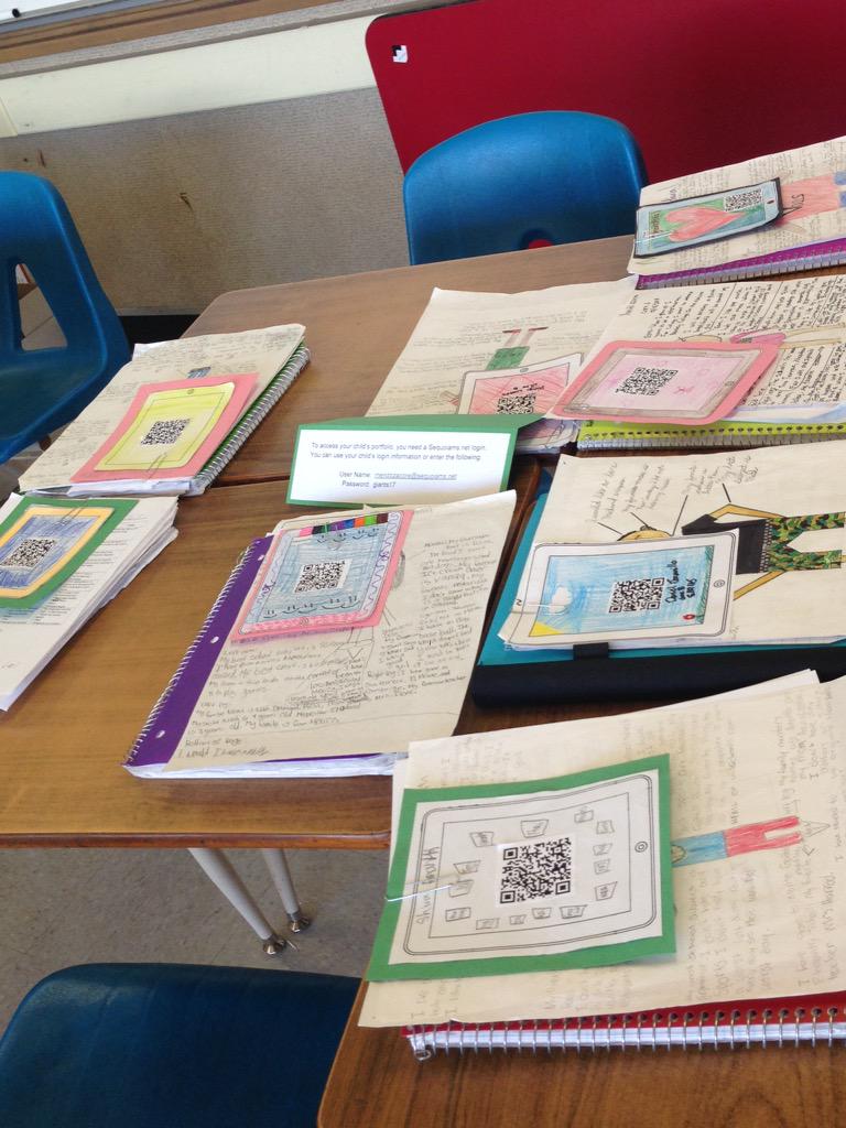 Mendozascience1's tweet photo. Sneak peek of tonight's open house. #recipepoems #greekgods #studentportfolio #qrcodes #smsgiants http://t.co/jkXOYRe5St