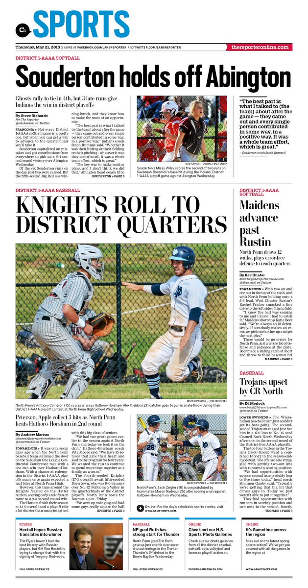 The Reporter Sports (@reportersports) on Twitter photo Here's Thursday <a href="/ReporterSports/">The Reporter Sports</a> front page with District 1 wins by <a href="/NPKnights/">NPKnightsBaseball</a>, <a href="/NPsoftball/">North Penn Softball</a> & <a href="/SoudySoftball/">Souderton Softball</a> Here's Thursday <a href="/ReporterSports/">The Reporter Sports</a> front page with District 1 wins by <a href="/NPKnights/">NPKnightsBaseball</a>, <a href="/NPsoftball/">North Penn Softball</a> & <a href="/SoudySoftball/">Souderton Softball</a>