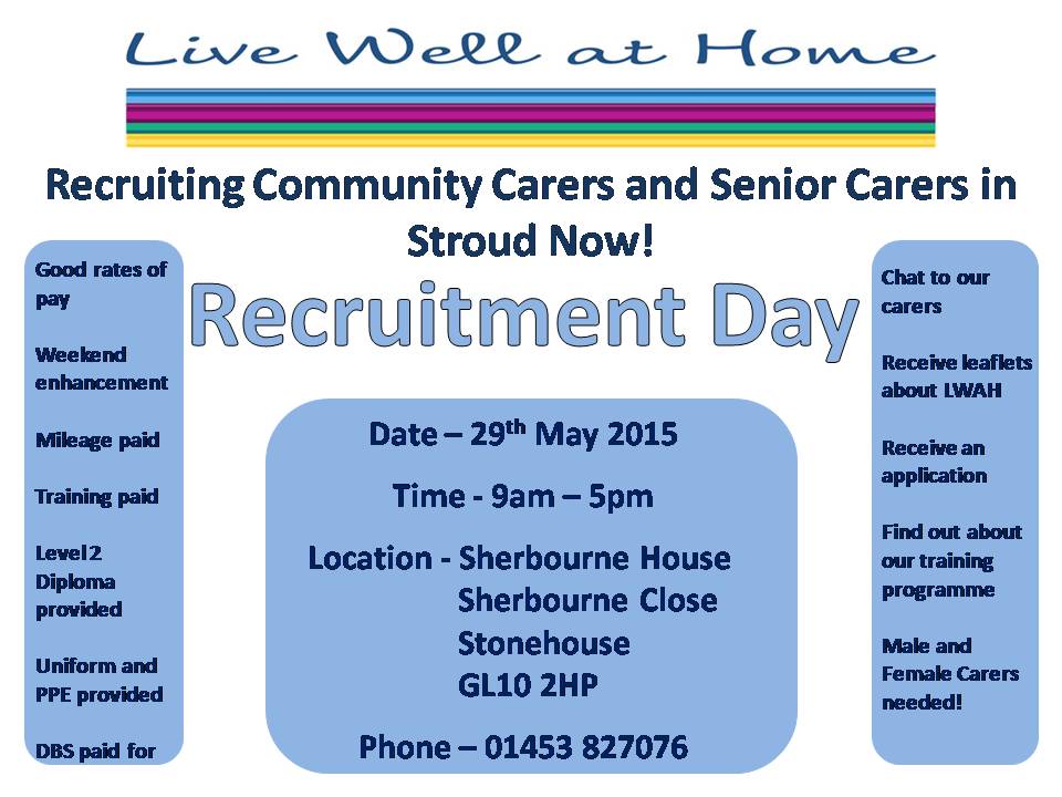 LiveWell_AtHome's tweet photo. Recruitment Day at Sherbourne House- Friday 29th May- 9am to 5pm. If your interested in becoming a Carer come along! http://t.co/Pn1xuMOpBP