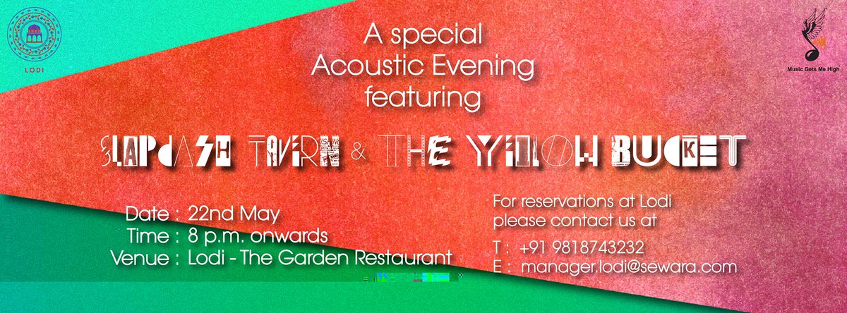 SewaraTweets's tweet photo. Catch #TheYellowBucket & @SlapdashTavern #LIVE at #Lodi,tomorrow 8:00 pm onwards. For reservations call +919818743232 http://t.co/mWkMREMalD