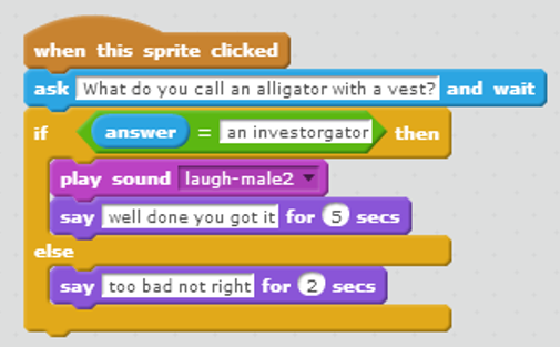 RavoSTEM's tweet photo. Yr5 students creating a Joke of the Day in @scratch. Great use of the IF ... THEN ... ELSE ... block. #kidscancode http://t.co/M2xvMv2PxY