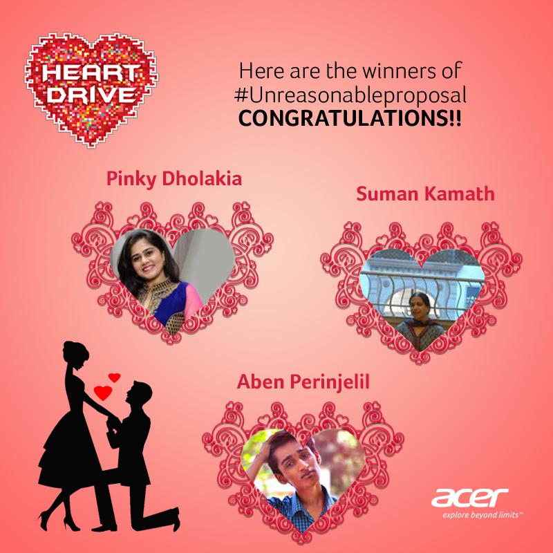 Acer_India's tweet photo. Here are our #UnreasonableProposal contest winners ,Congratulations! #Acercontest @sumkam11 @FakeContestAler http://t.co/Fsh7mDvrXz
