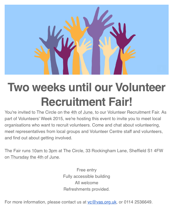 charityreport's tweet photo. There's a volunteer fair in Sheffield on 4th June!! http://t.co/fdk0E9zQj9
#sheffieldissuper @vasnews http://t.co/WjjTBNavUc