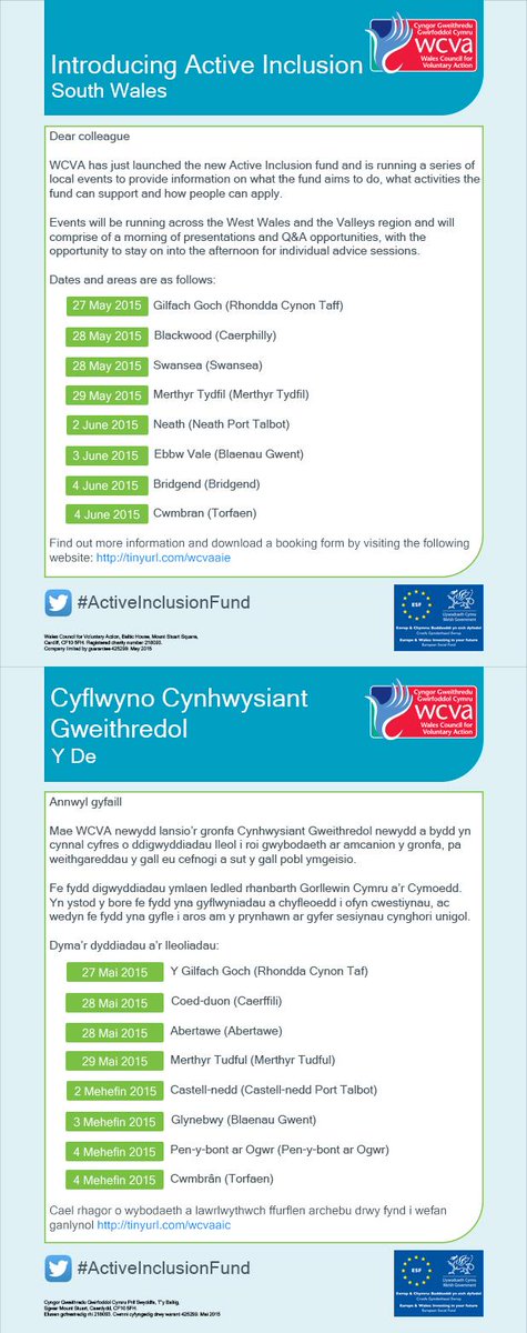 AJ_WCVA's tweet photo. Do you live in South Wales and want to know more about @WalesCVA #ActiveInclusionFund? Then sign up to an event now. http://t.co/FX5IiUP3yE