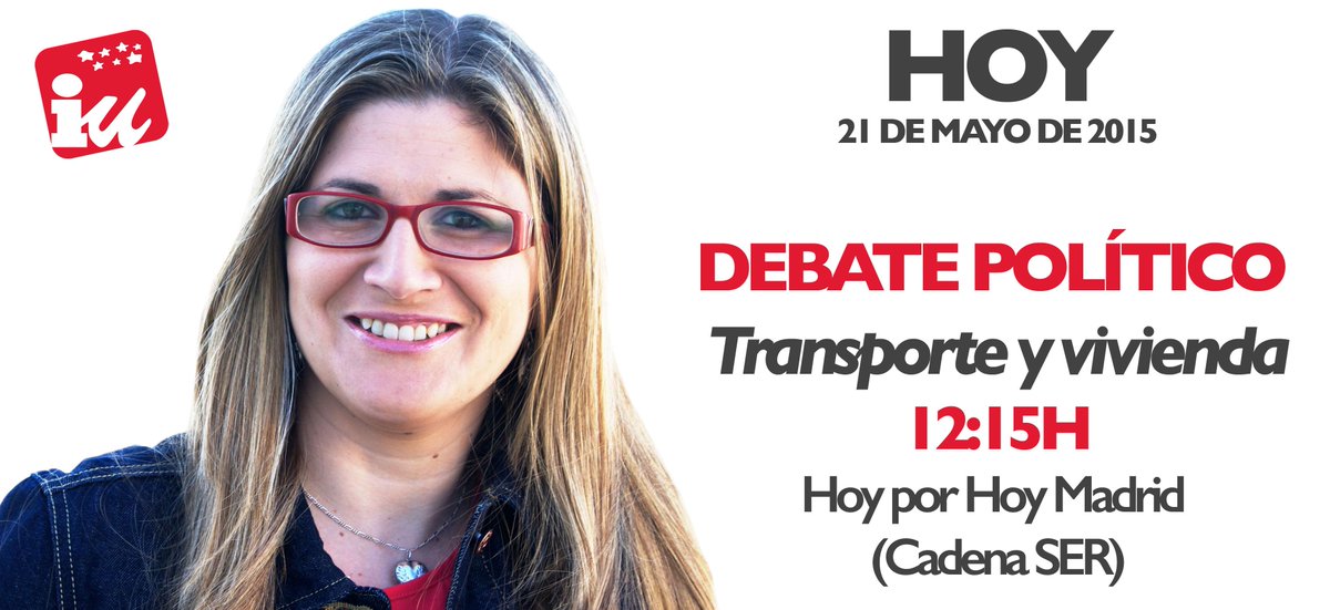 A partir de las 12h <a href="/RaquelLopezIU/">Raquel</a> participa en el debate sobre transporte y vivienda de <a href="/hoyporhoymadrid/">hoyporhoymadrid</a> de <a href="/La_SER/">Cadena SER</a>
