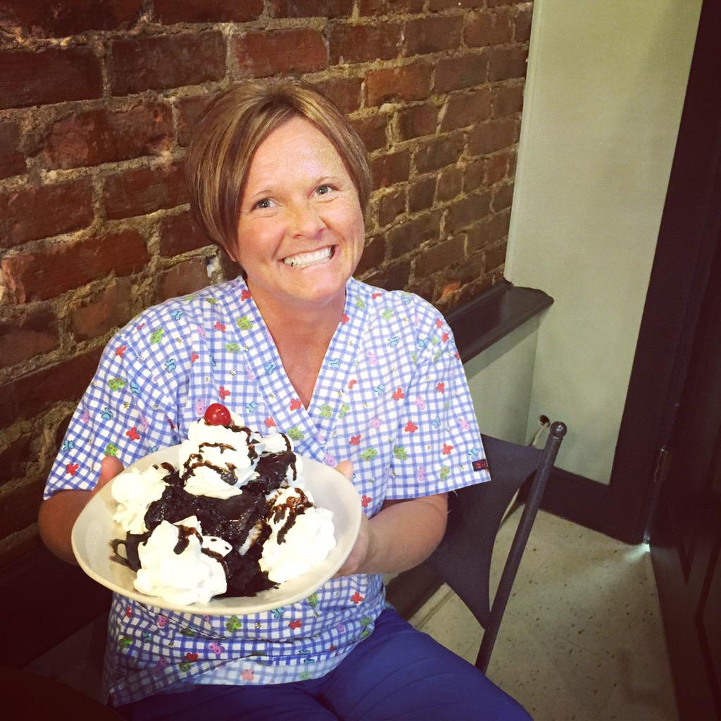 righteousbrew's tweet image. Now this is one happy customer with her Hot Fudge Cake! Come see us for your sweet tooth fix!