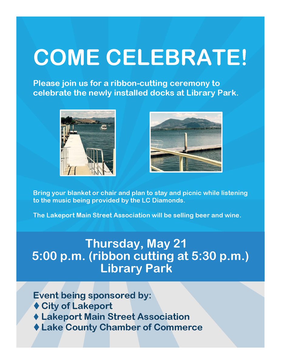 Join us @ Library Park at 5 pm! The LC Diamonds will be rockin’ &amp; it’ll be a great time! <a href="/lakeportmain/">Lakeport Main St.</a> #Lakeport