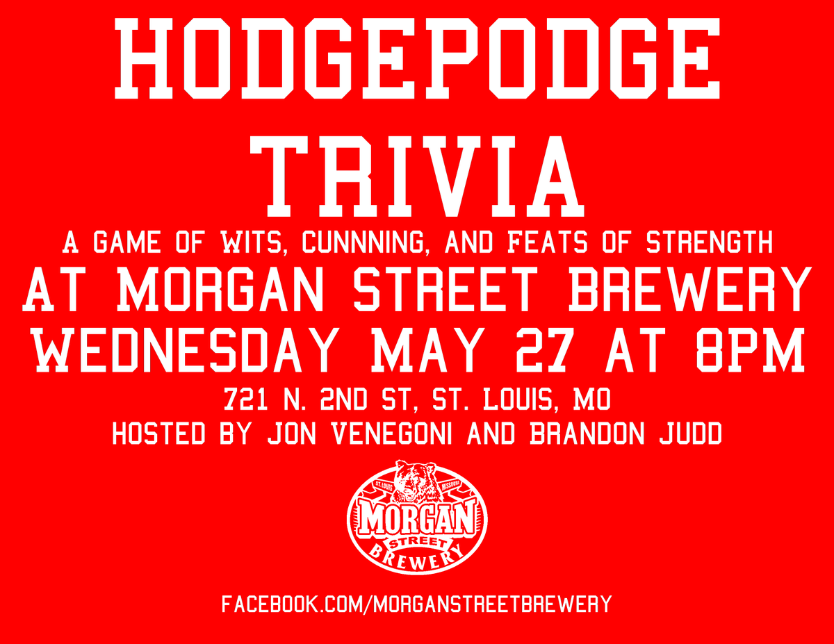 HodgepodgeSTL's tweet photo. 6 days until our return to #STL's @MorganStBrewery!
http://t.co/7GpzHaXorF http://t.co/3FlHaV06pG