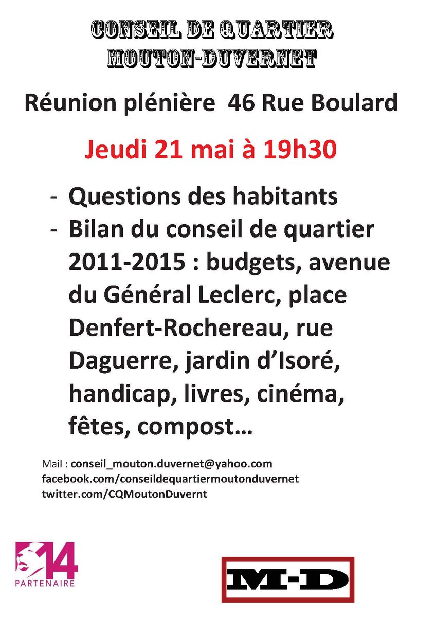 cmoutonduvernet's tweet photo. Rappel: réunion du conseil de quartier @CQMoutonDuvernt ce soir à 19h30 à l'école du 46 rue Boulard http://t.co/9sQhJCn1oC