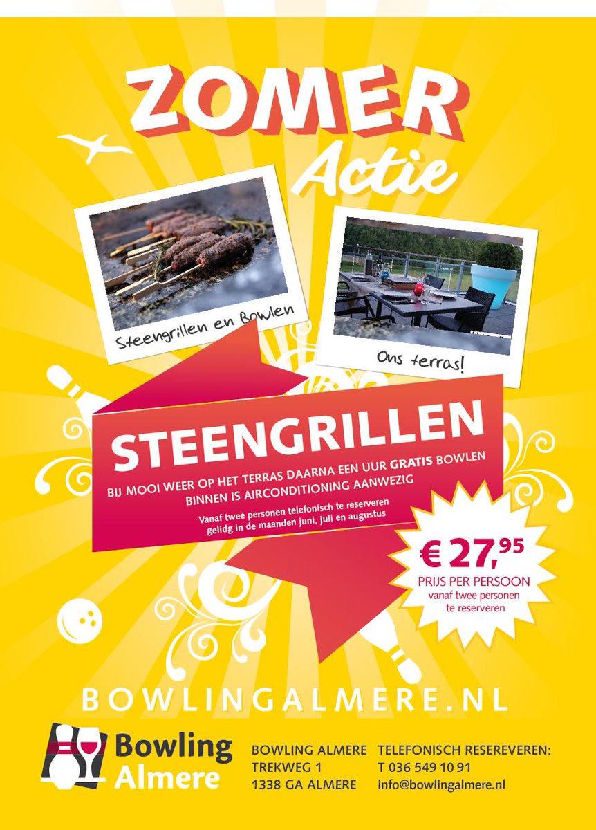 BowlingAlmere's tweet photo. Profiteer in juni,juli en augustus van deze grandioze actie. Steengrillen voor €27,95 p.p. en bowl 1 uur gratis. http://t.co/EdfEpsvWrV